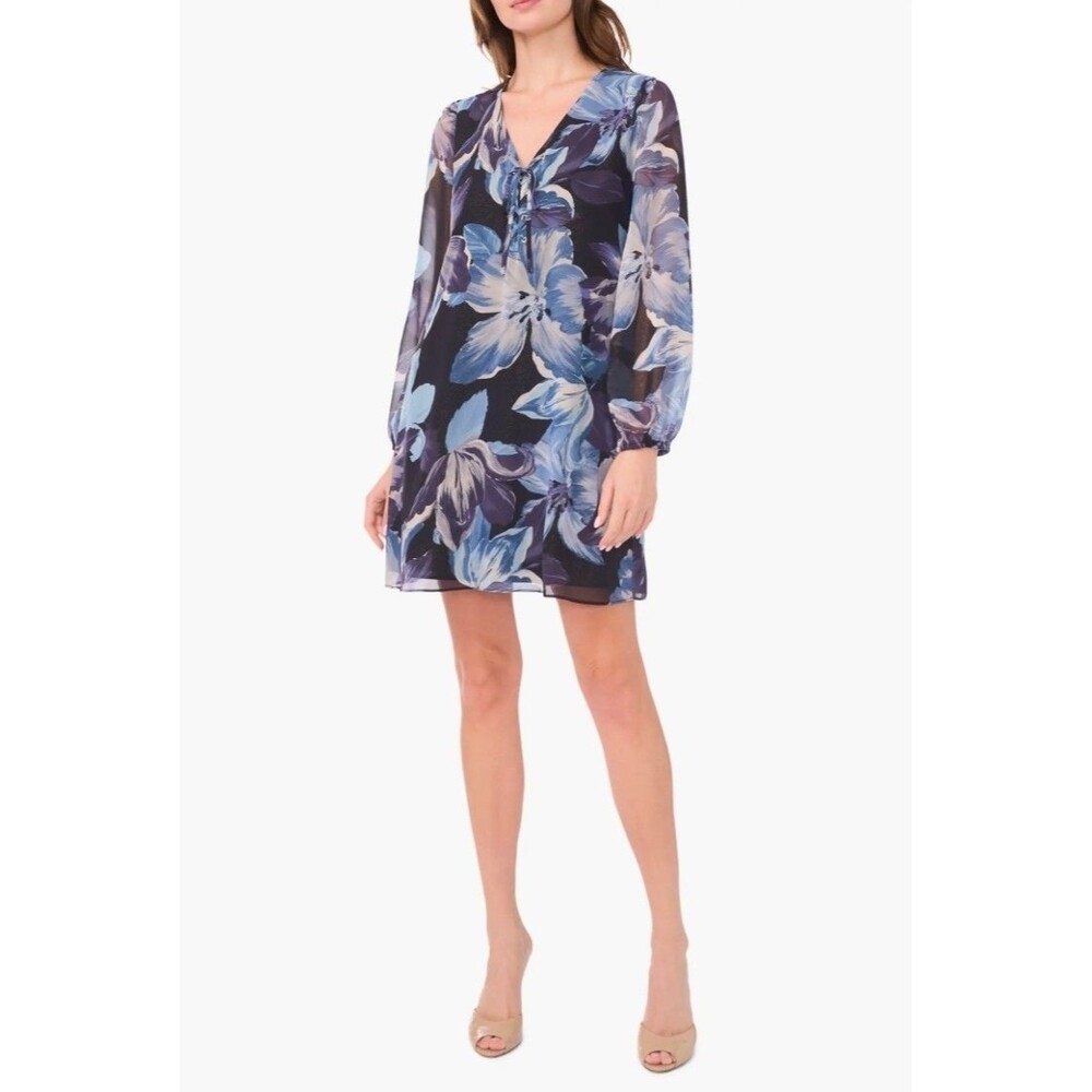 Halogen Sheer Chiffon Blue Floral Print Dress LARGE $99 NWT